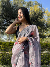 Grey Printed Lace Cloud Grey Organza Saree